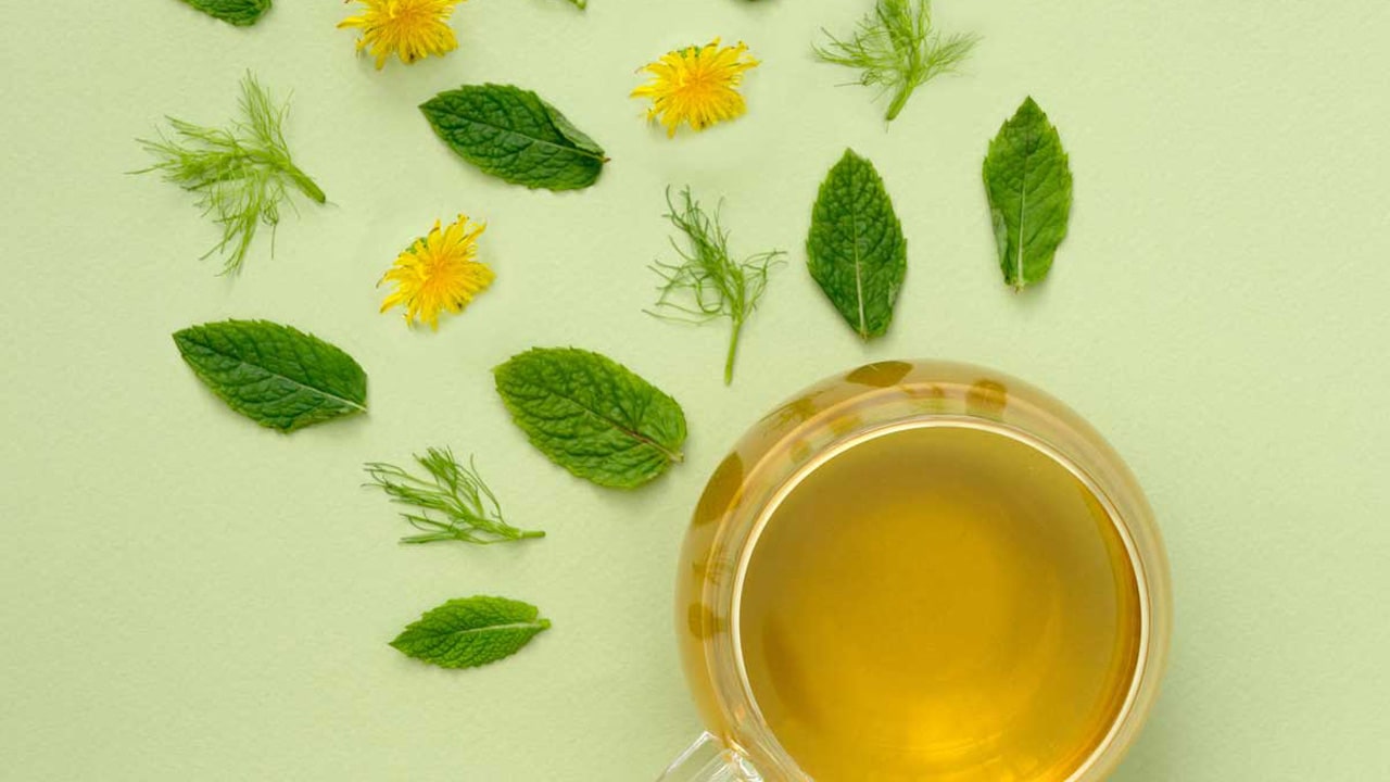 Benefits of Drinking Herbal Tea. Tea filled Mug with Mint Leaves, Fennel and Dandelions.