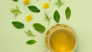 Benefits of Drinking Herbal Tea. Tea filled Mug with Mint Leaves, Fennel and Dandelions.